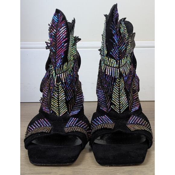 Azalea Wang Lianna Bootie Heels 6 Black Multicolor Crystal Feather Applique Glam - Picture 3 of 11